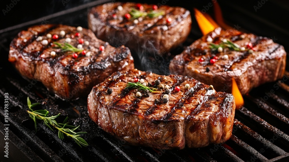 Grilled steaks with herbs and spices on a barbecue grill, showcasing culinary preparation. Grilled steaks with herbs and spices on a barbecue grill, showcasing culinary preparation.