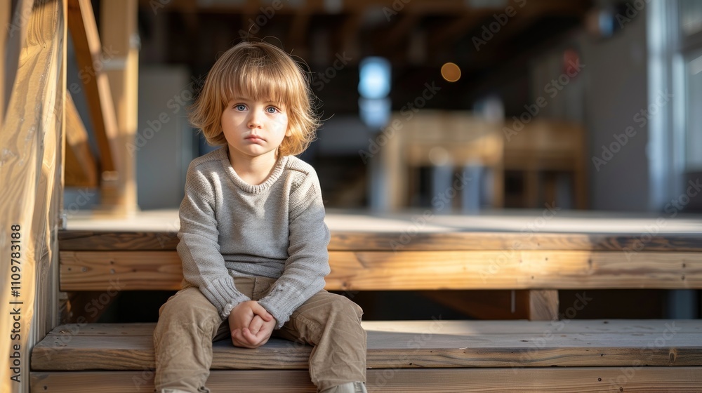 A child sits alone on wooden steps in a well-lit room, gazing thoughtfully with a serious expression during the afternoon A child sits alone on wooden steps in a well-lit room, gazing thoughtfully with a serious expression during the afternoon