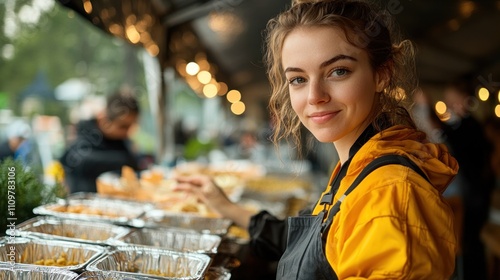 A young woman in a bright yellow jacket prepares food at an outdoor market, interacting with customers and enjoying the lively atmosphere photo