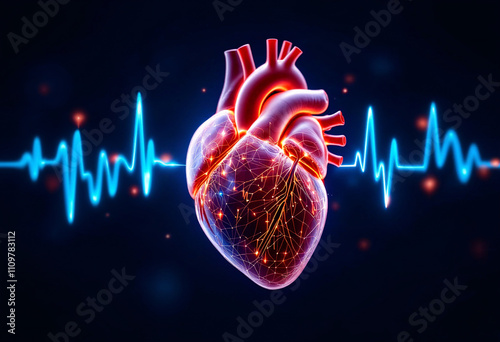 Illustration of a human heart with glowing veins and a pulse line representing heart health in a digital style