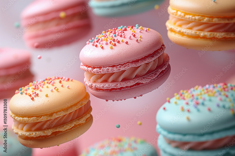 Colorful macarons with sprinkles floating against a dreamy pastel background. Generative AI Colorful macarons with sprinkles floating against a dreamy pastel background. Generative AI