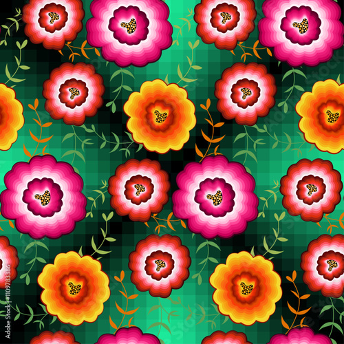 Seamless Mexican floral embroidery pattern, colorful native flowers folk fashion design. Embroidered Traditional Textile Style of Mexico, vector isolated on green background