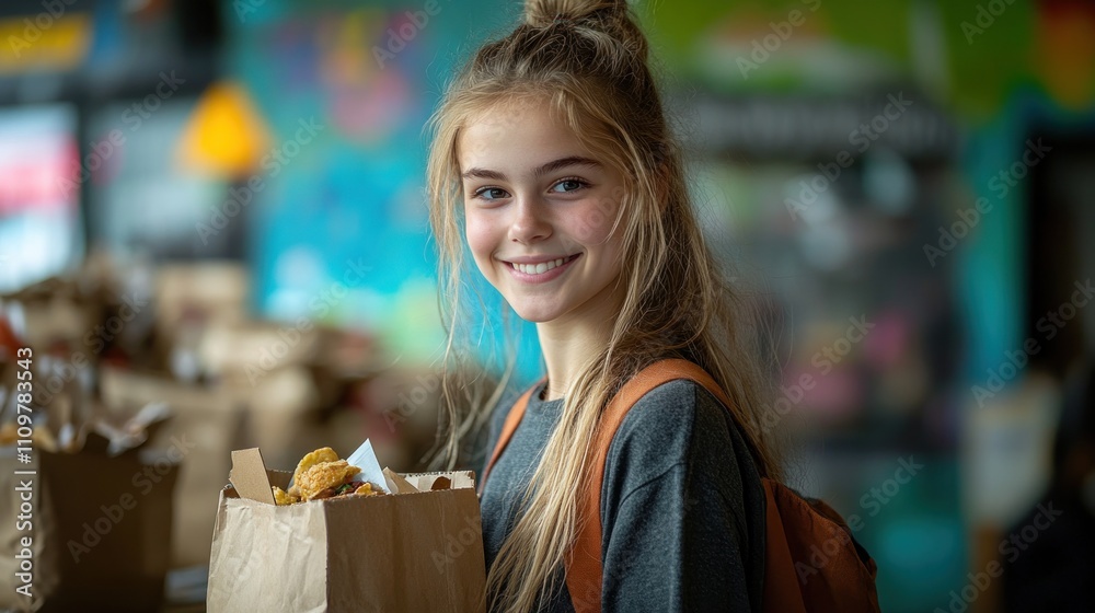 A cheerful girl holds a brown paper bag filled with takeout while smiling at the camera in a colorful cafe A cheerful girl holds a brown paper bag filled with takeout while smiling at the camera in a colorful cafe