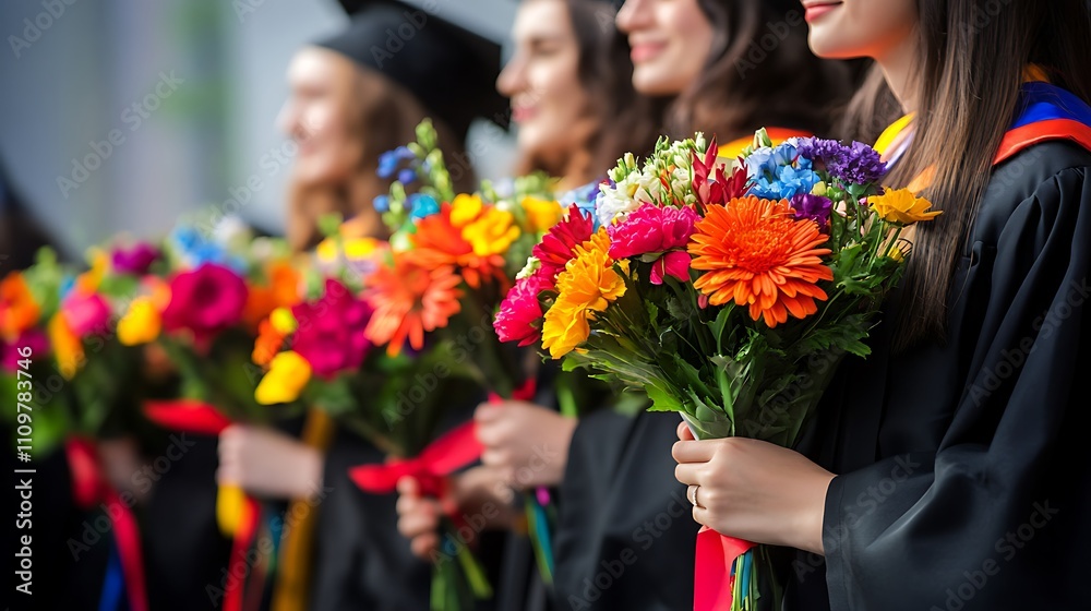 Fototapeta premium Female graduates in caps and gowns hold colorful bouquets of flowers at graduation ceremony.