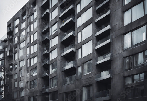 Modern apartment building facade with large windows and dark grey stone facade is featuring a contem photo