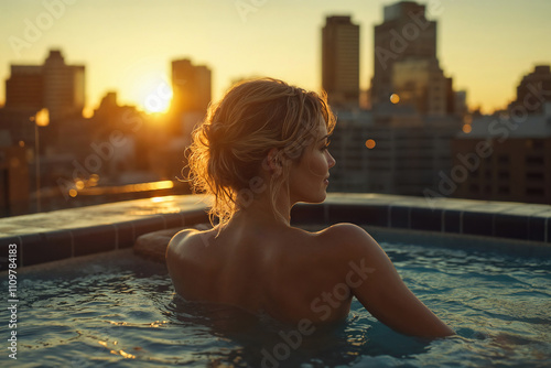 A woman is in a pool on the roof of a hotel at sunset. The skyline of a city in the background. photo