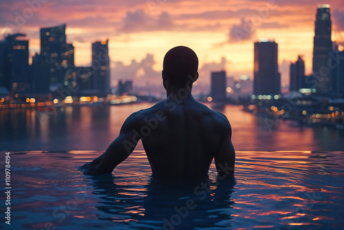 A man is in an infinity pool with the city skyline in the background as it is getting dark. photo