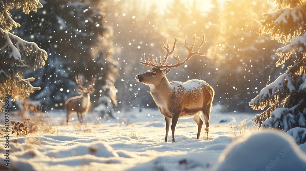 Fototapeta premium Majestic deer in a snowy winter forest. Winter wonderland scene.