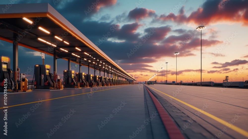 Fototapeta premium Modern Fuel Station at Sunset with Dramatic Clouds and Warm Light, Symbolizing Convenience and Travel for Road Trips in an Urban Setting