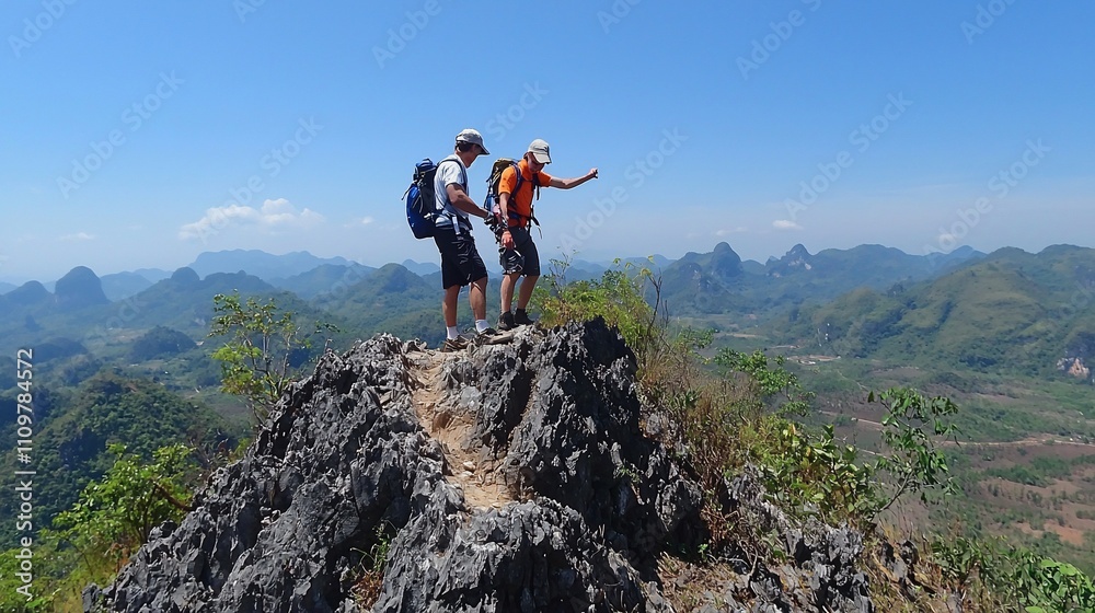 Obraz premium Two hikers stand on a mountain peak, enjoying panoramic views of a valley.