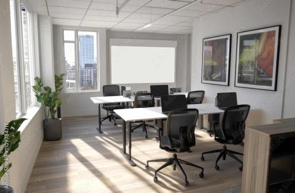 Modern Office with Empty White Wall in the Center, Desks and Chairs in Ikea Style Modern Office with Empty White Wall in the Center, Desks and Chairs in Ikea Style