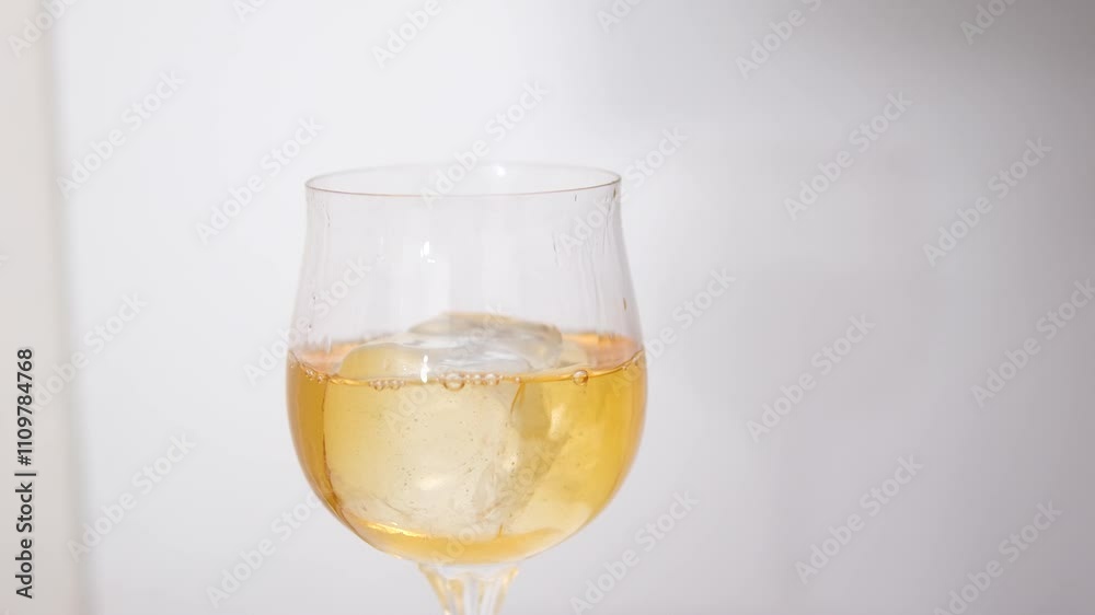 female hands take ice with tongs and throw it into a glass of white wine in an outdoor restaurant. throw ice into a glass of wine female hands take ice with tongs and throw it into a glass of white wine in an outdoor restaurant. throw ice into a glass of wine
