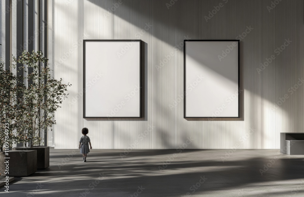 Elegant and Minimalistic Interior with Two Blank Poster Frames on the Wall, White Wooden Paneling, Black Accents, and Modern Concrete Floor