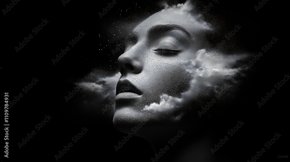 A monochrome surreal representation of a face dissolving into fine particles, dreams and reality, transformation, and human consciousness A monochrome surreal representation of a face dissolving into fine particles, dreams and reality, transformation, and human consciousness
