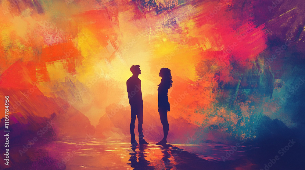 Colorful illustration of silhouetted couple facing each other. Colorful illustration of silhouetted couple facing each other.