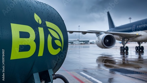 A high-resolution 3d illustration photograph featuring a close-up view of a biofuel tank on an airport tarmac.