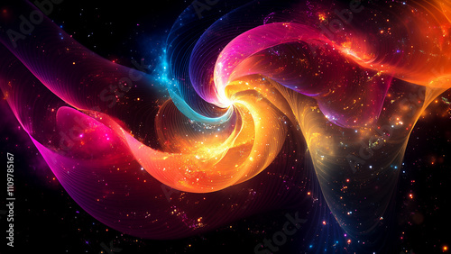 Vibrant abstract vector featuring gradient spheres and flowing ribbons, perfect for professional corporate presentations.
