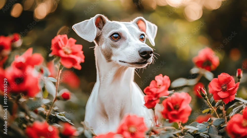 A dog among vibrant red flowers in a soft-focus garden setting. A dog among vibrant red flowers in a soft-focus garden setting.