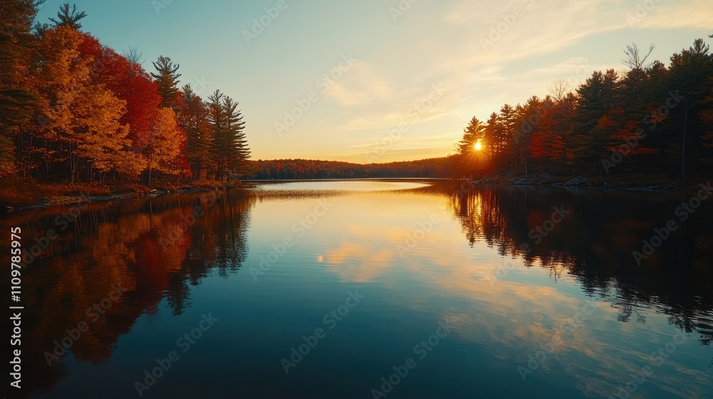 Serene lake at sunset, surrounded by colorful autumn foliage.