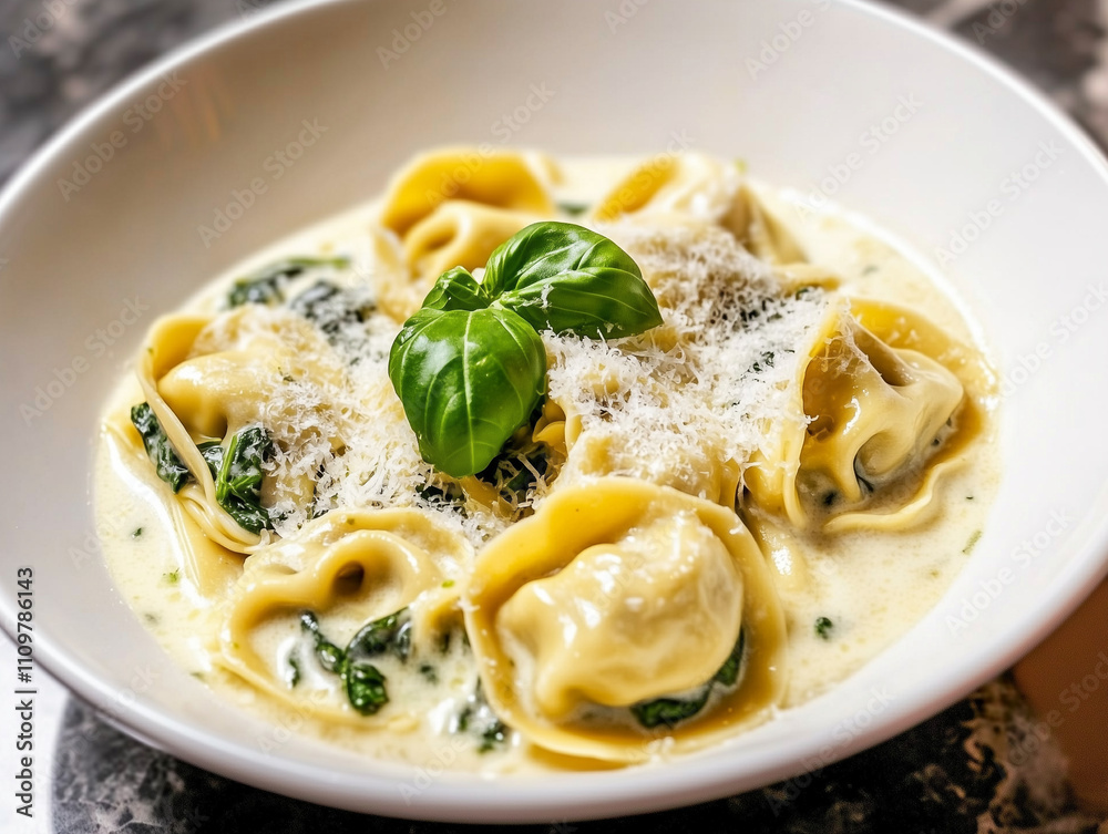 Tortellini in cream sauce with Parmesan and basil Tortellini in cream sauce with Parmesan and basil