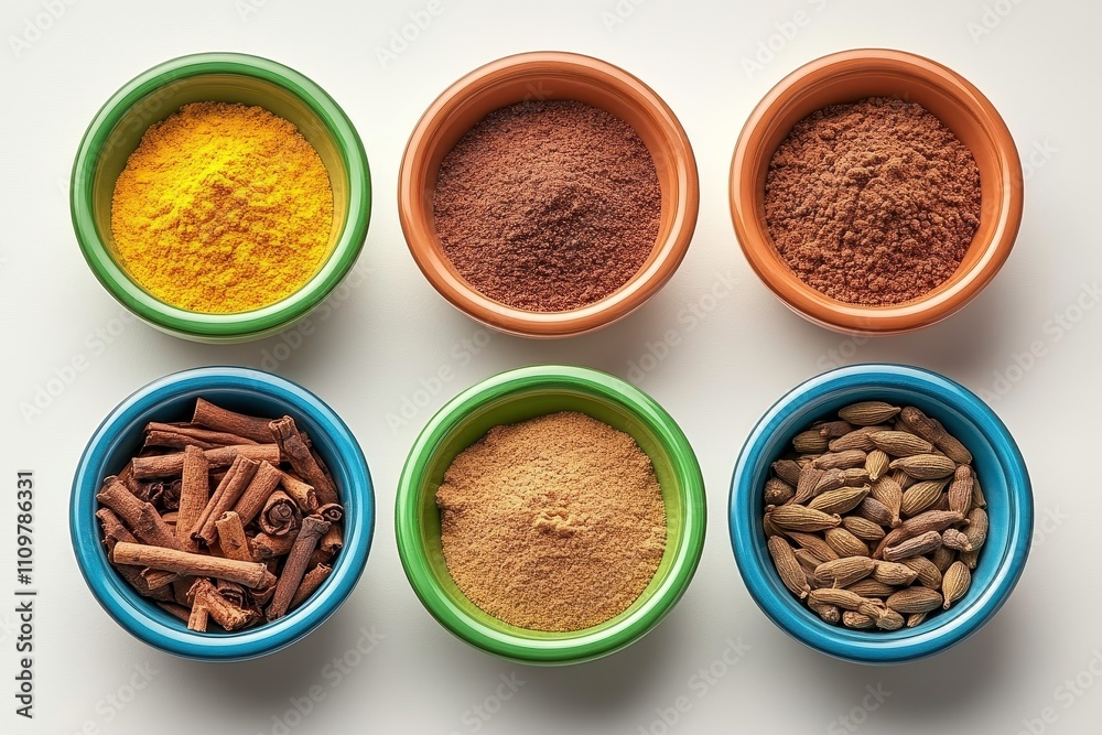 A Colorful Display of Spices in Bowls Featuring Turmeric, Cinnamon, Brown Sugar, Ground Coriander, and Cardamom on a Clean White Background for Culinary Inspiration A Colorful Display of Spices in Bowls Featuring Turmeric, Cinnamon, Brown Sugar, Ground Coriander, and Cardamom on a Clean White Background for Culinary Inspiration