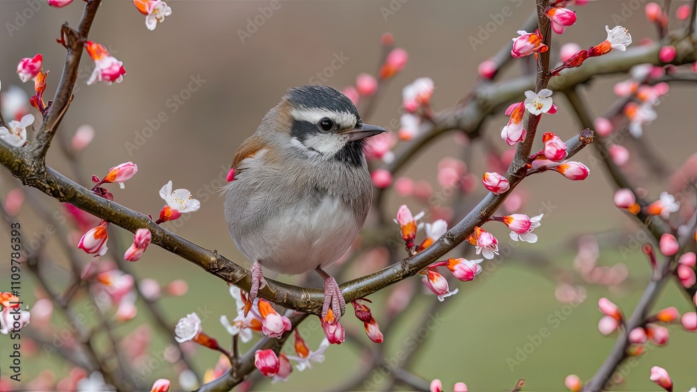 A charming little bird rests on a branch surrounded by delicate flowers of fruit trees capturing the essence of springs beauty and renewal A charming little bird rests on a branch surrounded by delicate flowers of fruit trees capturing the essence of springs beauty and renewal