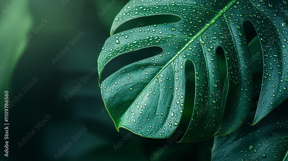 Fototapeta premium Close-up of raindrops on the edge of an intricate monstera leaf