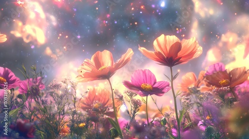 Cosmic flower field, vibrant blossoms in a magical, starlit meadow.