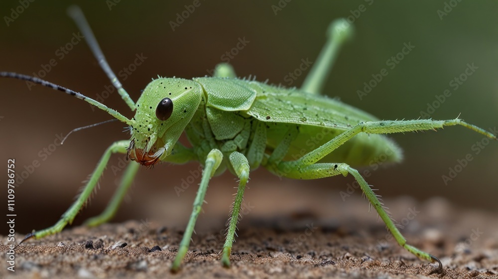 Close-up of a vibrant green katydid on the ground. Close-up of a vibrant green katydid on the ground.