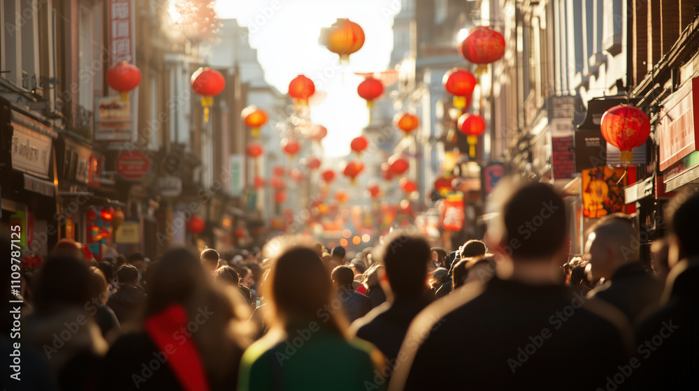 Crowded street during a vibrant festival with lanterns Crowded street during a vibrant festival with lanterns