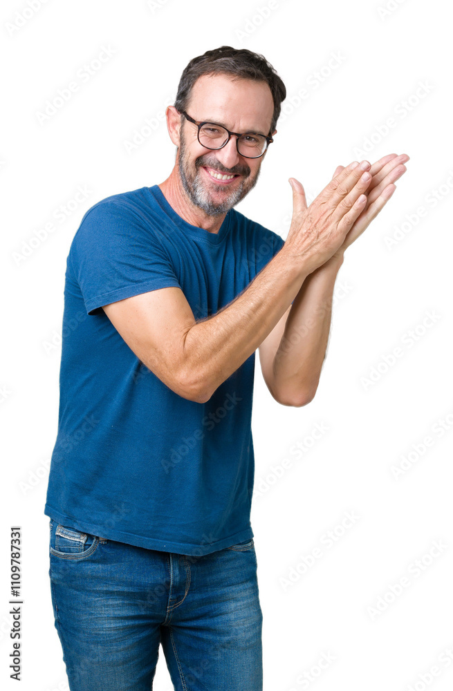 Handsome middle age hoary senior man wearin glasses over isolated background Clapping and applauding happy and joyful, smiling proud hands together Handsome middle age hoary senior man wearin glasses over isolated background Clapping and applauding happy and joyful, smiling proud hands together