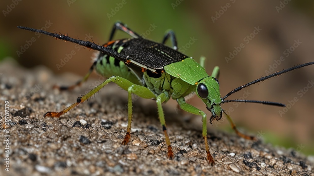 Close-up of a vibrant green katydid insect on ground. Close-up of a vibrant green katydid insect on ground.