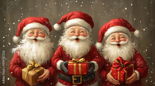 Three Santa Clauses with gifts in a postcard style, capturing the Merry Christmas and Happy New Year spirit.