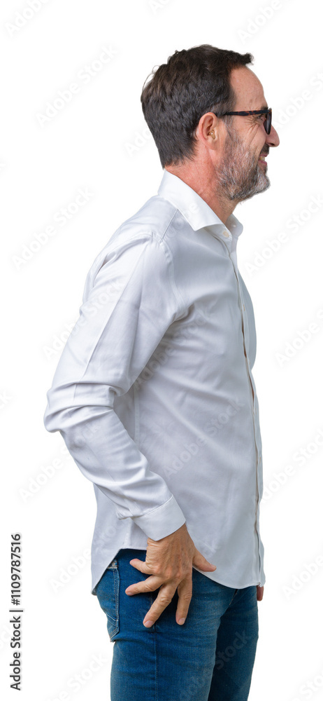 Handsome middle age elegant senior business man wearing glasses over isolated background looking to side, relax profile pose with natural face with confident smile. Handsome middle age elegant senior business man wearing glasses over isolated background looking to side, relax profile pose with natural face with confident smile.