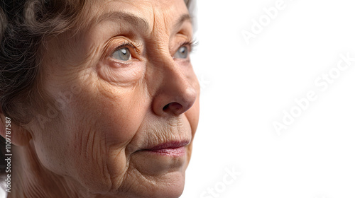 Close-up of Senior Woman's Face, Wrinkled Skin, Thoughtful Expression