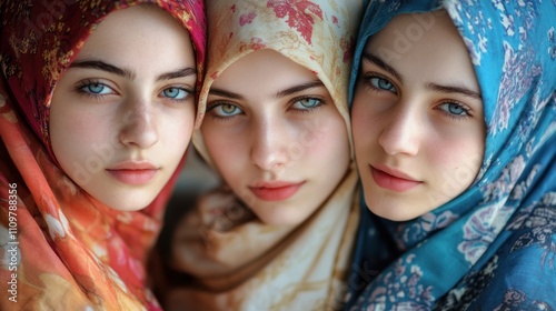 Three young women in colorful hijabs with striking blue eyes.