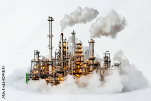 Futuristic Industrial Facility Surrounded by Smoke and Steam with Brightly Lit Structures Emitting White Vapor in a Dynamic Urban Environment photo