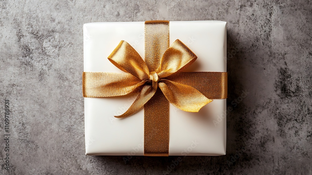 A top view of a white Christmas gift box with a golden ribbon, featuring space for text. A top view of a white Christmas gift box with a golden ribbon, featuring space for text.
