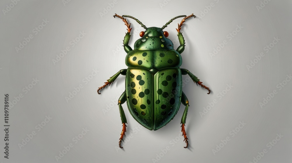 Detailed illustration of a green beetle with orange legs and yellow spots on a gray background. Detailed illustration of a green beetle with orange legs and yellow spots on a gray background.