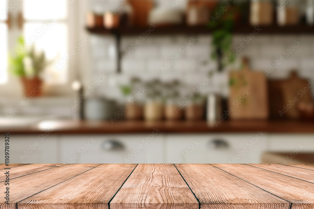 Empty Beautiful wood table top and blur bokeh modern kitchen interior background in clean and bright, Ready for product montage Empty Beautiful wood table top and blur bokeh modern kitchen interior background in clean and bright, Ready for product montage