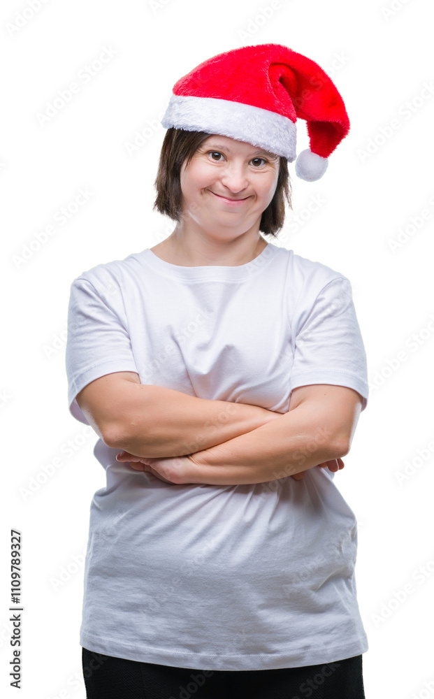 Young adult woman with down syndrome wearing christmas hat over isolated background happy face smiling with crossed arms looking at the camera. Positive person. Young adult woman with down syndrome wearing christmas hat over isolated background happy face smiling with crossed arms looking at the camera. Positive person.