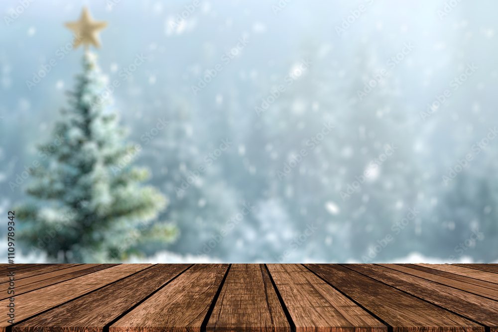 Xmas tree and wooden old table place Xmas tree and wooden old table place