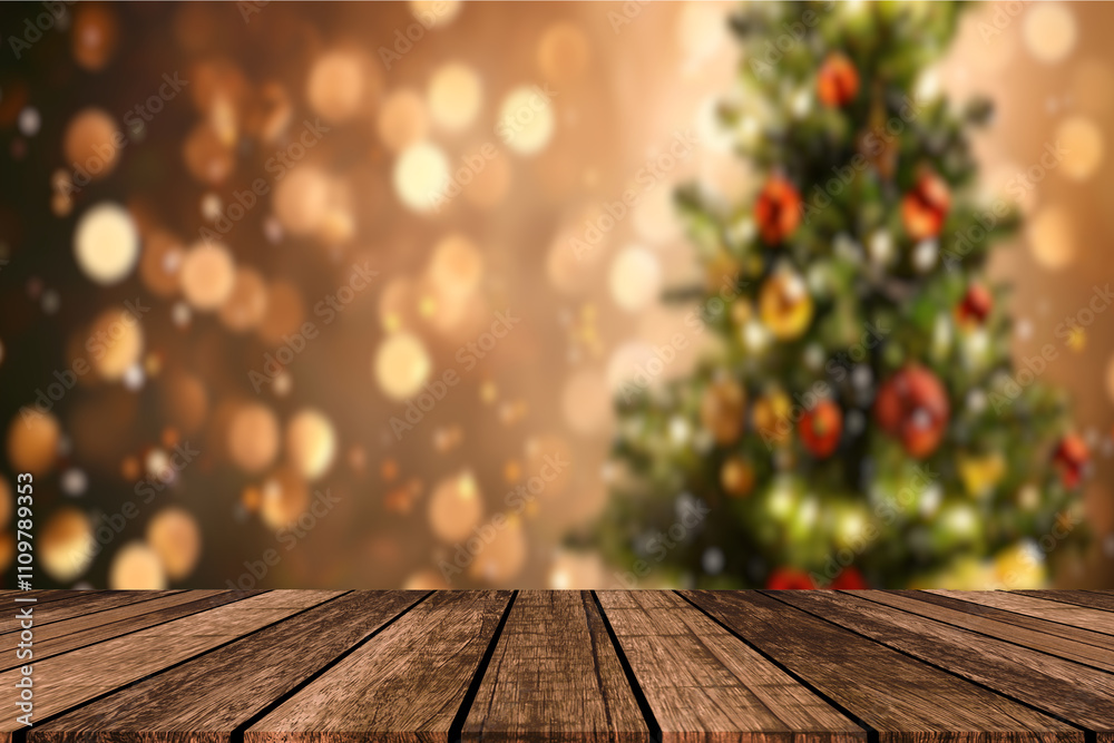 Xmas tree and wooden old table place Xmas tree and wooden old table place