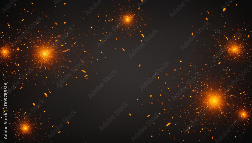 Obraz premium Bright orange sparks and particles flying on a dark background with copy space