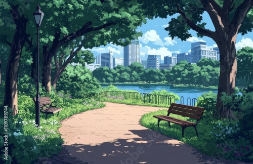 City Park with Trees, Benches, and Paths