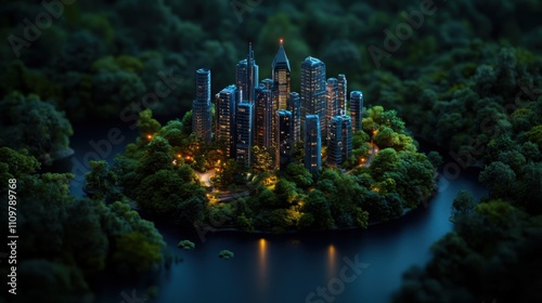 Holographic City Plan Overlaid on Forest Landscape