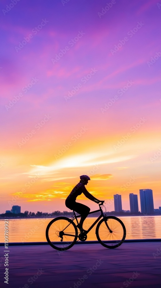 Obraz premium Cyclist rides along a waterfront path at sunset, silhouetted against a vibrant sky, AI