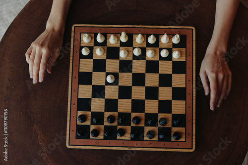 Person engaged in a strategic game of chess, sitting at wooden table with hands on the board photo