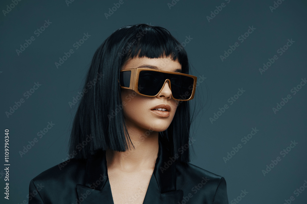 Woman with black hair wearing sunglasses and a black blazer, standing in front of a dark background, creating a stylish and mysterious look Woman with black hair wearing sunglasses and a black blazer, standing in front of a dark background, creating a stylish and mysterious look