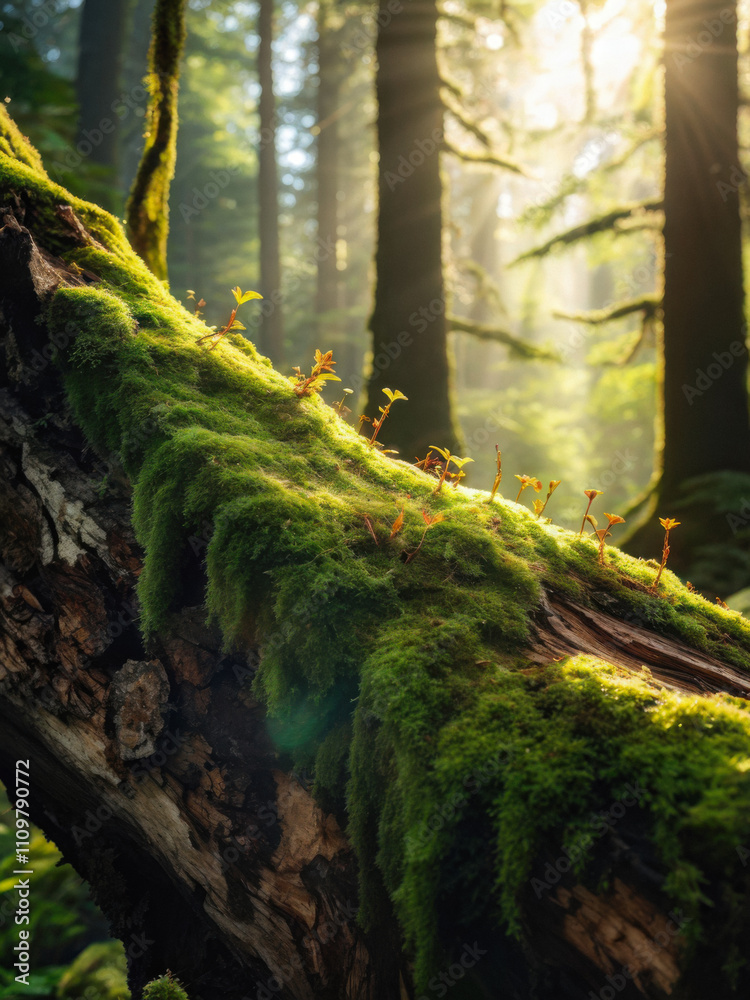 Fototapeta premium A macro view of lush green moss and tiny plants thriving on the bark of a fallen tree, illuminated by soft sunlight in a serene forest. Generative AI